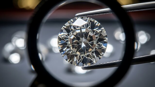 Close-up macro photograph of a brilliant cut diamond held by tweezers, viewed through a magnifying glass, showcasing its facets and clarity
