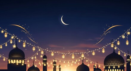 Evening sky with crescent moon and silhouettes of mosque buildings
