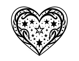 Black and white heart illustration filled with stars and floral vines, creating a romantic and celestial design