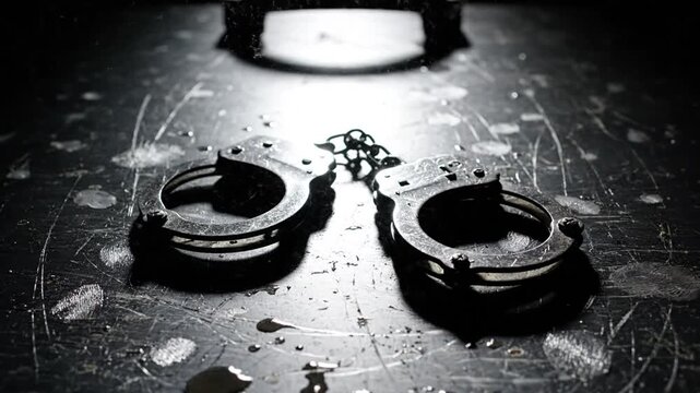 Close up of Metal Handcuffs Lying on a Scratched Dark Table with Water Droplets Under Dramatic Spotlight Symbolizing Arrest and Justice