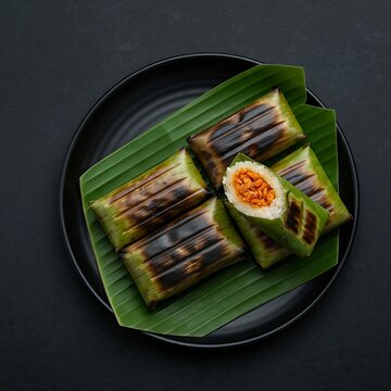 Pulut Panggang. Four grilled glutinous rice rolls wrapped in charred banana leaves. One is partially unwrapped to show the spicy dried shrimp (sambal udang) filling. Arranged on a vibrant green banana