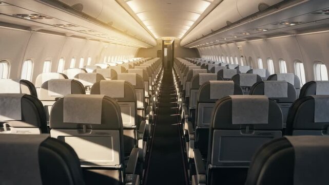 Aircraft interior with rows of seats and overhead compartments