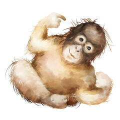 PNG baby orangutan watercolor element on transparent background © Rawpixel.com