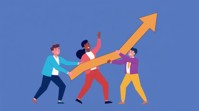 Three diverse people collaboratively lifting a large orange arrow pointing upwards, symbolizing teamwork and business growth.