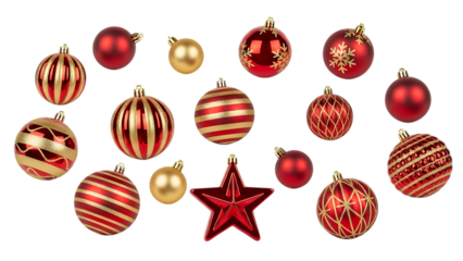 Red and gold Christmas ornaments and star isolated on a transparent background