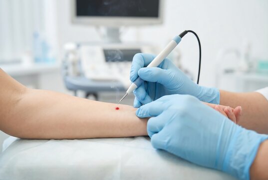 Doctor with blue gloves using electrocautery to remove a skin lesion on a woman arm. Medical procedure for dermatology.