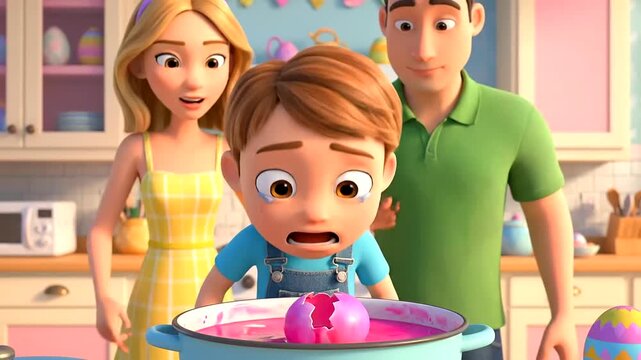 Young boy cries over a broken Easter egg while trying to decorate it with natural egg dye on Easter Day, comforted by his supportive parents in a joyful kitchen.