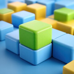Obraz premium Colorful arrangement of geometric cubes, mostly blue, with yellow and green accents