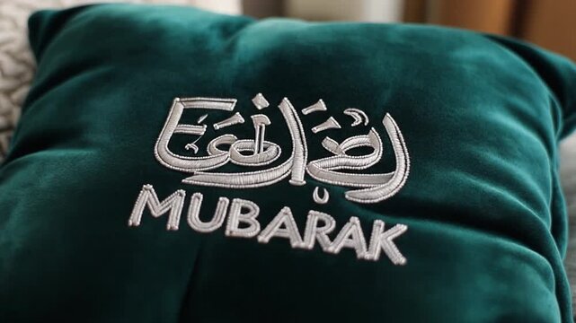 Calligraphy on a Velvet Pillow. Islamic Culture &ndash; Eid Mubarak. A luxurious throw pillow made of rich emerald velvet. The words are machine-embroidered in metallic silver thread.
