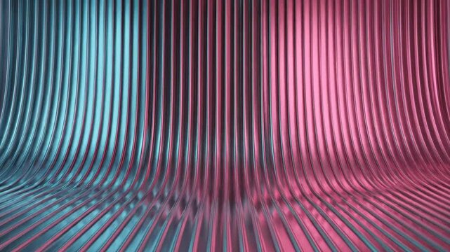 Abstract Metallic Ribbed Surface with Neon Pink and Blue Lighting.