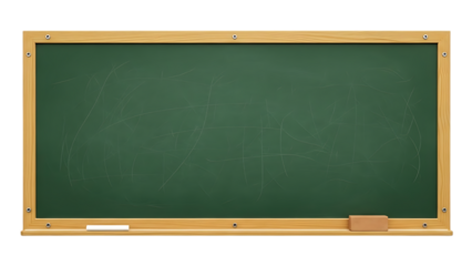 Green chalkboard with wooden frame and chalk isolated on a transparent background