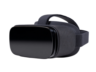 isolated side view of a modern all black virtual reality headset on a transparent background