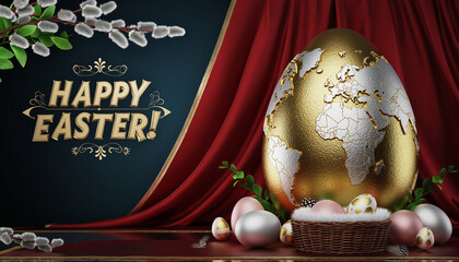 Symbole Świąt Wielkanocne na stylowym, eleganckim tle. Pisanki ozdobione na skorupce, bukszpan i bazie.