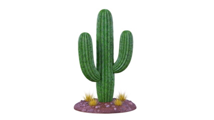 Green Saguaro Cactus with Arms and Sparse Desert Grass