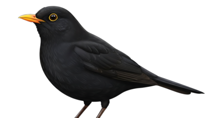 Blackbird with orange beak and yellow eye ring isolated on a transparent background