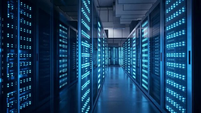 Blue-Lit Server Racks in Data Center Corridor &ndash; Cloud Computing, IT Infrastructure & Enterprise Cybersecurity Technology

