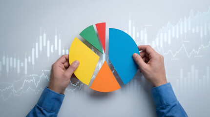 Hands holding pie chart segments over financial stock market background