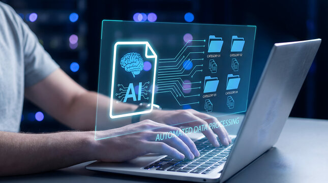 AI automated data processing and document classification on laptop screen - Powered by Adobe