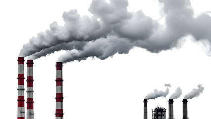Industrial smokestacks emitting white smoke on transparent background isolated on a transparent background