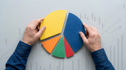 Businessman hands assembling colorful 3D pie chart for financial analysis