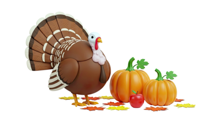 Thanksgiving Turkey with Pumpkins and Autumn Leaves