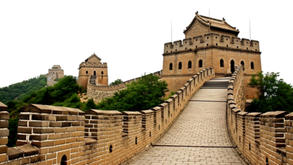 Ancient Chinese watchtowers and stone pathway on the Wall isolated on a transparent background