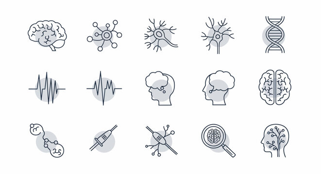 Brain and neuron icons set representing neuroscience and mental health concepts.