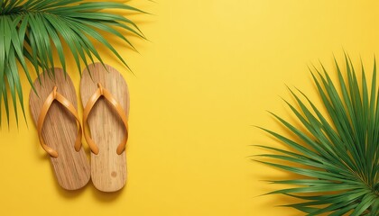 Vibrant summer vibes with wooden flip flops and palm leaves
