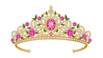 Golden tiara with pink roses and diamonds isolated on a transparent background jewelry
