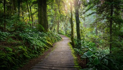 Obraz premium Tranquil Forest Pathway Lush Green Woods Nature Scene Vibrant Flora Serene Viewpoint Journey Of Peace