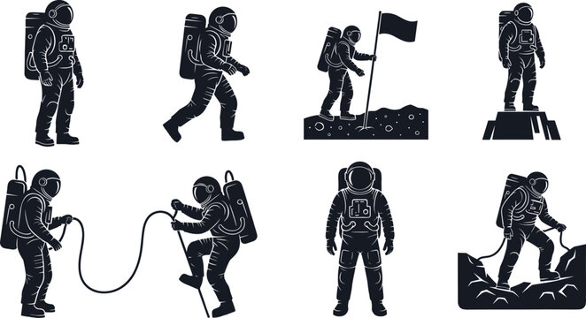 Vector set of black astronaut silhouettes moonwalking planting flags and performing tethered spacewalks on a white background illustration