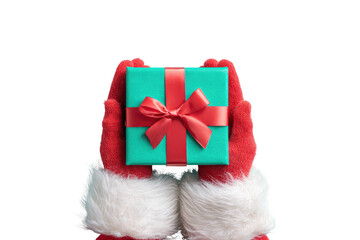 Santa's hands holding teal gift with red bow against a black background