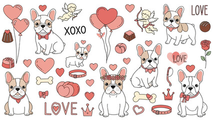 Fototapeta premium Adorable French bulldogs with hearts and romantic symbols floating around them in a whimsical illustration