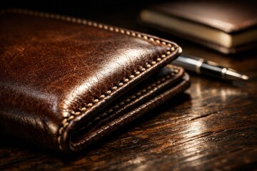 Close up of a luxury brown leather wallet and pen on a dark wooden office desk