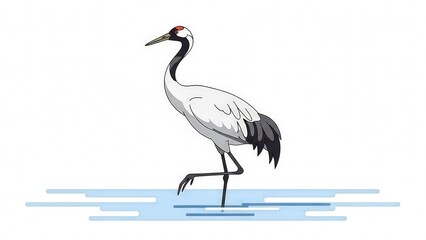 Fototapeta premium Elegant Red-Crowned Crane Standing in Shallow Water in Calm Natural Habitat
