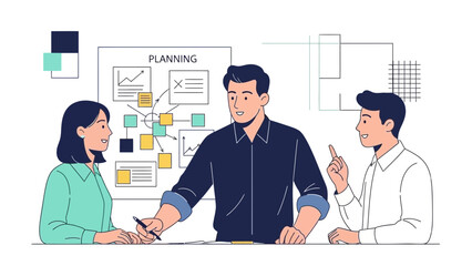 Team brainstorms business plan with charts and sticky notes on planning board