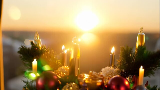 Colorful ornaments and glowing candles decorate a festive setting, capturing the warmth of the evening light. The background glow complements the vibrant decorations, creating a joyful atmosphere.