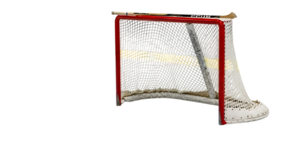 Hockey goal net with red frame and white mesh isolated on a transparent background