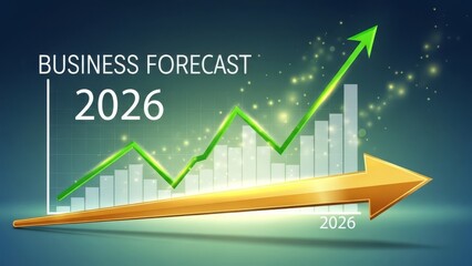A 3D illustration of a business forecast graph showing a positive trend with a green arrow pointing upwards towards 2026