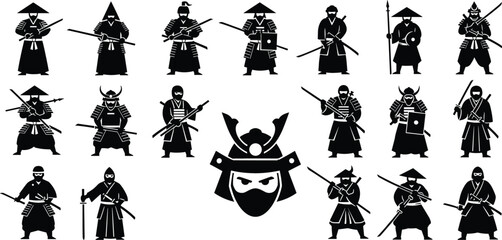 Japanese Samurai Warrior Silhouette Collection Featuring Ninja Fighters With Katana Swords Spears Armor And Traditional Ronin Helmet Head Icons © Bappi