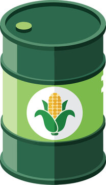 Flat design green biofuel barrel with corn logo for sustainable energy and ethanol production.