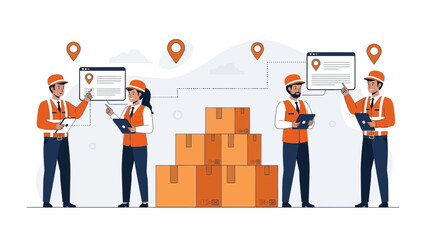 Logistics Team Tracking Packages with Digital Interface and Location Pins