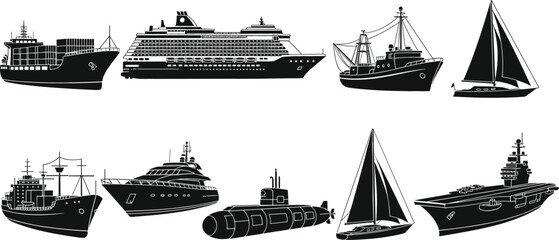 Set of maritime vessel silhouettes including cargo ship cruise liner sailboat submarine aircraft carrier yacht and industrial fishing boat icons for nautical design © Bappi