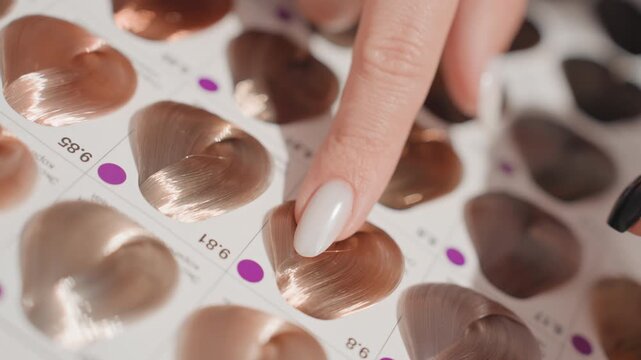 closeup hair color swatch palette metallic copper, manicured fingers pointing to sample chips, glossy shimmer and warm bronze tones, numbered chart dots, studio lighting highlighting texture, salon