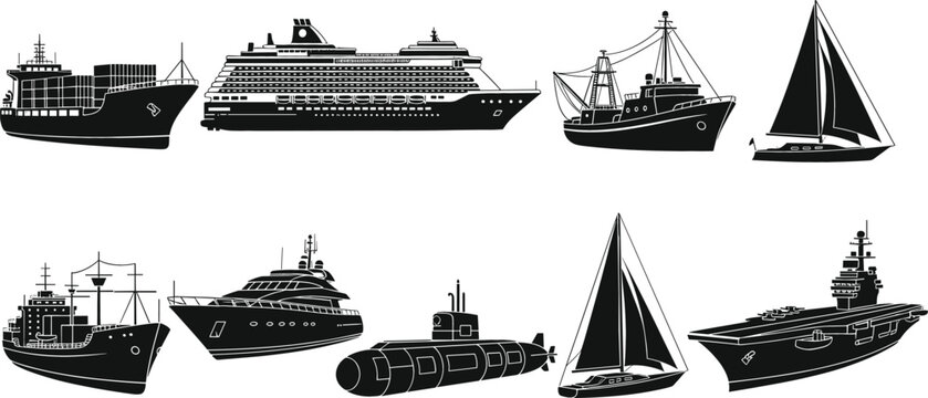 Set of maritime vessel silhouettes including cargo ship cruise liner sailboat submarine aircraft carrier yacht and industrial fishing boat icons for nautical design
