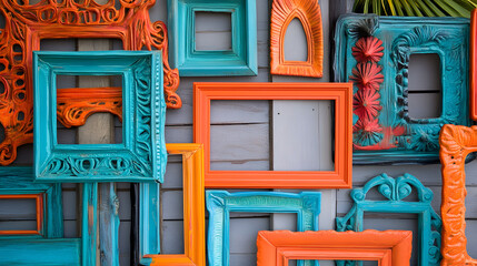 Vintage inspired decorative borders hand crafted quirky frames in turquoise and orange hues on grey wooden wall background