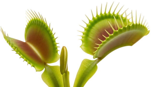 Venus flytrap plant with spiky leaves and open traps isolated on a transparent background green