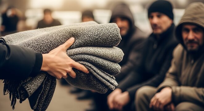 Volunteer Handing Out Warm Blankets to Homeless People in Winter