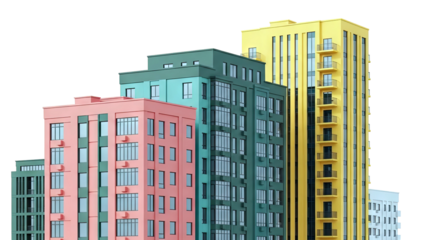 Colorful modern apartment buildings against a white background