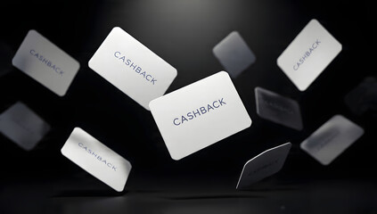 A collection of cashback credit cards floating in mid-air against a dark background